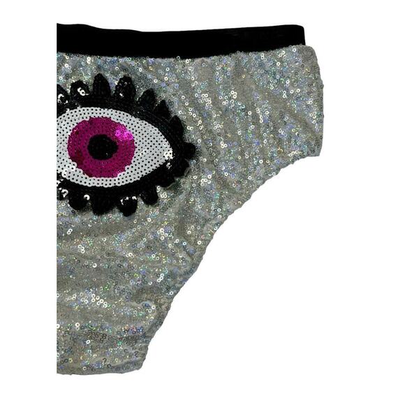 RAVE WONDERLAND Silver Sequin Covered Pink Evil Eye Cheeky Bootie Shorts Sz M/L - Picture 4 of 8